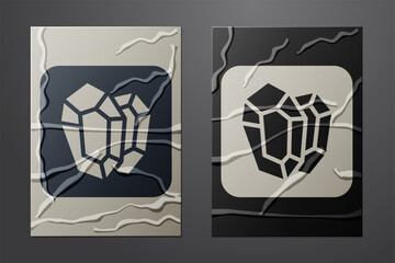 White Gem stone icon isolated on crumpled paper background. Jewelry symbol. Diamond. Paper art style. Vector