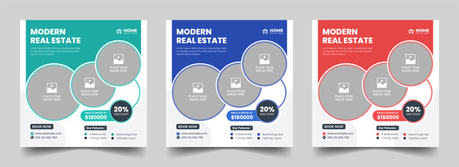 Real estate square social media post or dream home sale property promotion web banner template bundle. Editable modern house banner layout set