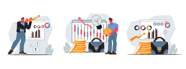 Stock market and investments, business analysis and strategy set of flat vector illustration isolated on white background. Trading and business analytics.