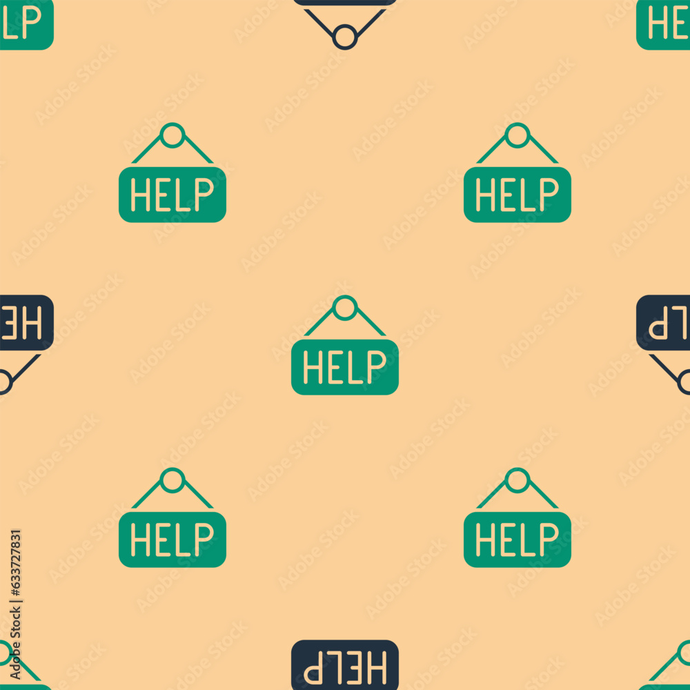 Poster green and black signboard with text help icon isolated seamless pattern on beige background. vector