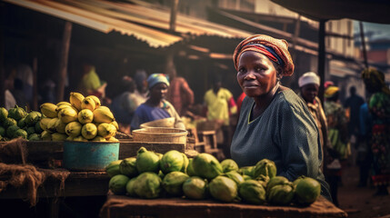 African Woman With Fruits at Market Stall Selling Food. Concept of Local Market Scene, Fresh Produce, Entrepreneurial Spirit, Cultural Diversity, Food Market Vendor, Vibrant Colors.