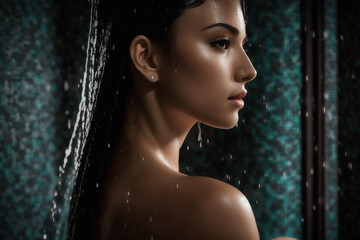 sexy young woman posing in the shower - obrazy, fototapety, plakaty
