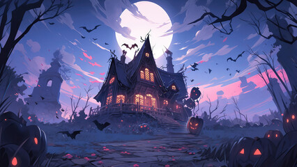 halloween scene horror background with creepy pumpkins of spooky Halloween haunted mansion Evil houseat night with full moon, Generative AI.