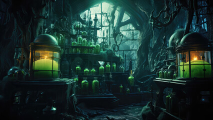 An image of a witch's lab with green poison. Halloween background.