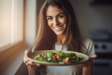 Portrait of sporty and smiling female eating healthy salad with vegetables