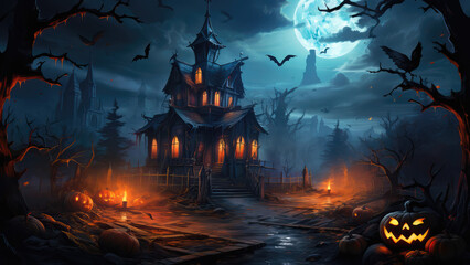 Fototapeta na wymiar halloween scene horror background with creepy pumpkins of spooky Halloween haunted mansion Evil houseat night with full moon, Generative AI.