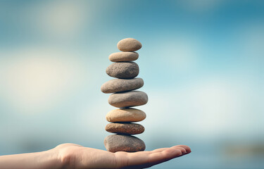 a hand holding stacks of rocks. life stability and balance concept.
