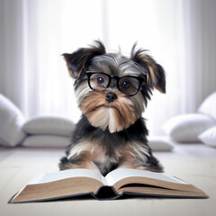 ai generated little dog in glasses reading a book in the morning