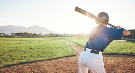 Bat, baseball and person swing outdoor on a pitch for sports, performance and competition. Behind...