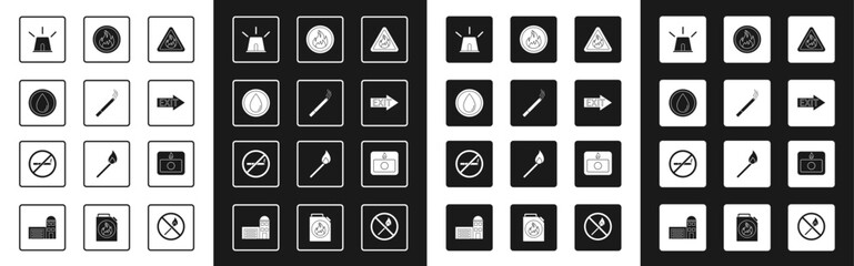Set Fire flame in triangle, Cigarette, Water drop, Flasher siren, exit, alarm system and No Smoking icon. Vector