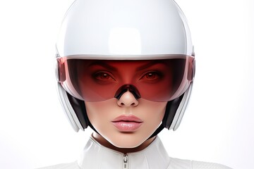 Life insurance and protection concept. Fashion portrait of a young woman in a white motorcycle helmet.