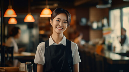 カフェのアジア人女性ウェイター