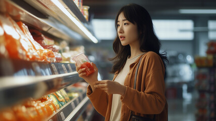 スーパーで買い物するアジア人女性