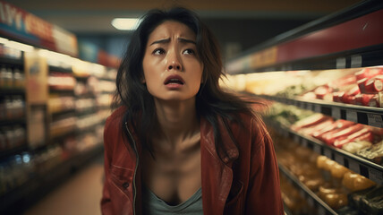 スーパーで困っているアジア人女性