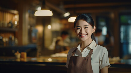 カフェのアジア人女性ウェイター