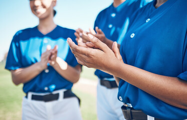 Baseball team hands, sports and celebration applause for congratulations, match winner or competition support. Player achievement, wow success and group of people clapping, praise and teamwork goals