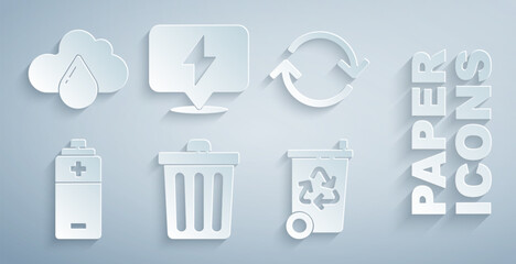 Set Trash can, Refresh, Battery, Recycle bin with recycle, Lightning bolt and Cloud rain icon. Vector