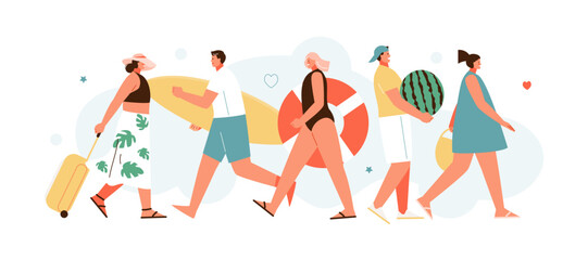 Resting people in summer clothes at the resort. Summer holidays, vacation and leisure. Vector characters