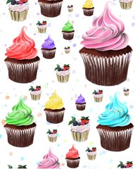 Seamless pattern with cakes on the white background 