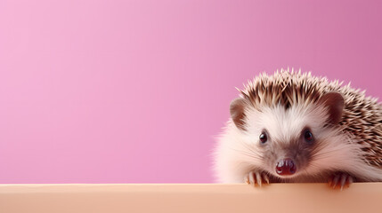 Creative animal concept. left hedgehog peeking over pastel bright background