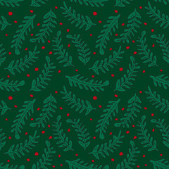 Seamless green and white vector pattern with leaves, tile background. Merry and Bright  Holiday universal abstract creative artistic templates with Christmas  floral backgrounds