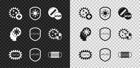 Set Positive virus, Shield protecting from, Medicine pill or tablet, Corona covid-19, Medical protective mask, Human and and icon. Vector