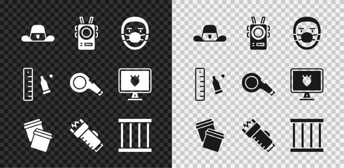 Set Sheriff hat with badge, Police body camera, Doctor pathologist, Plastic bag ziplock, electric shocker, Prison window, Bullet casing ruler and Whistle icon. Vector