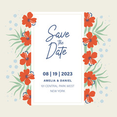 Wedding Invitation template with bold flowers. Tropical plants background, invite, thank you card, rsvp modern card design. Hand drawn vector illustration.
