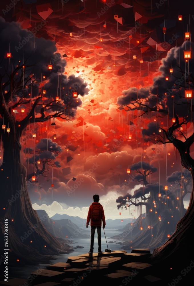 Poster a man standing in front of a red sky with lanterns. generative ai image.