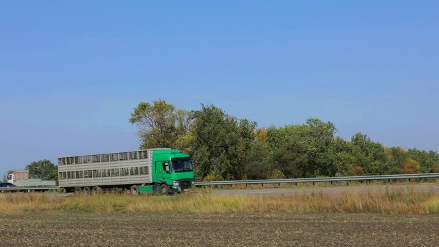 The truck drives along the highway in sunny weather. The truck rides on a modern road. Truck on the track