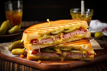 Authentic Cubano Sandwich with Pork Meat, Ham, Cheese, Pickle, Mustard and Dill - Delicious Cuban Street Food. Generative AI