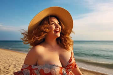 Body Positive at the Beach: Happy Plus-size American Woman Enjoying Her Holiday: Generative AI