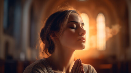 Woman praying to god in church