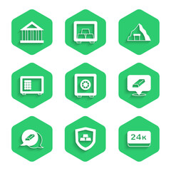 Obraz premium Set Safe, Gold bars with shield, 24k, mine and Bank building icon. Vector