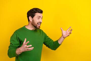 Photo of mad irritated man wear green stylish jumper quarrel conflict loud scream watch empty space...
