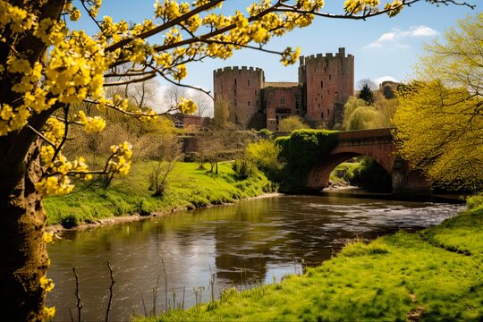 Ludlow Castle and the River Teme on a Bright Sunny Day with Spring Trees and Bridge. Generative AI