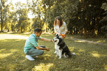 Naklejka na ściany i meble Young couple with husky dog in park on sunny day. Love concept