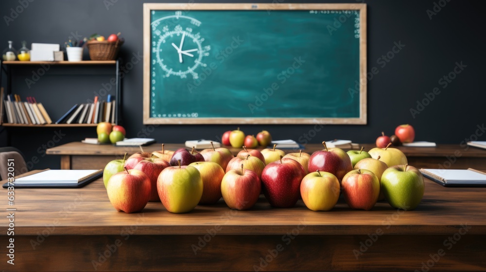 Poster a classroom with apples on a table. generative ai image.