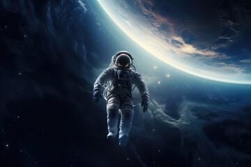 Boundless Exploration: Astronaut Alone and Tethered to Craft, Floating Amidst Celestial Expanse, Visor Reflecting Endless Galaxies Generative AI