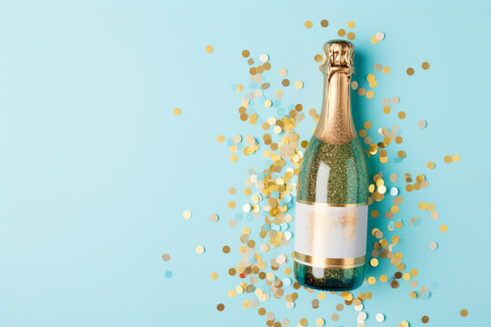generic champagne bottle with glitter confetti on a blue background