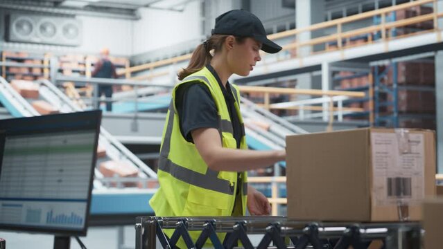 Caucasian Female Employee Putting Boxes On Automated Conveyor Belt In Modern Sorting Center. Woman In Reflective Work Jacket Loading Packages With Online Orders For Delivery To Customers Worldwide.