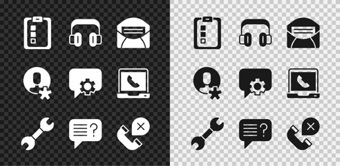Set Online quiz, test, survey, Headphones, Mail and e-mail, Wrench spanner, Unknown search, Declined or missed call, Elected employee and Telephone 24 hours support icon. Vector