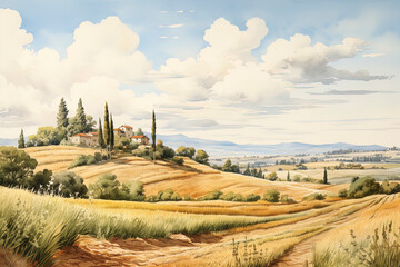 Painting watercolor of Tuscany, Italy landscape, Tuscany landscape with fields, meadows, cypress trees and houses on the hills, Italy landmark, Tuscany, Europe, generative ai