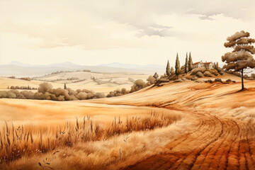 Painting watercolor of Tuscany, Italy landscape, Tuscany landscape with fields, meadows, cypress trees and houses on the hills, Italy landmark, Tuscany, Europe, generative ai - 633733286