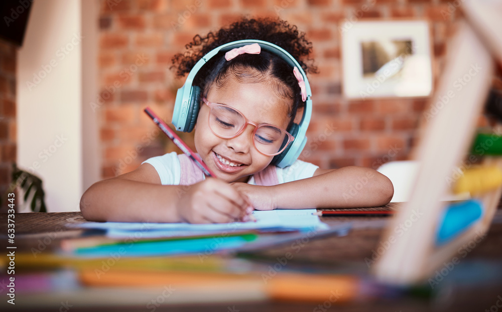 Aufkleber writing, headphones and child at home with music, learning and homework for school. kid, studying an