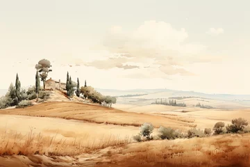 Fotobehang Painting watercolor of Tuscany, Italy landscape, Tuscany landscape with fields, meadows, cypress trees and houses on the hills, Italy landmark, Tuscany, Europe, generative ai © Vladimir Sazonov