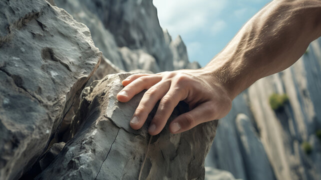 a strong male hand rests on a rocky ledge in the mountains, AI generated