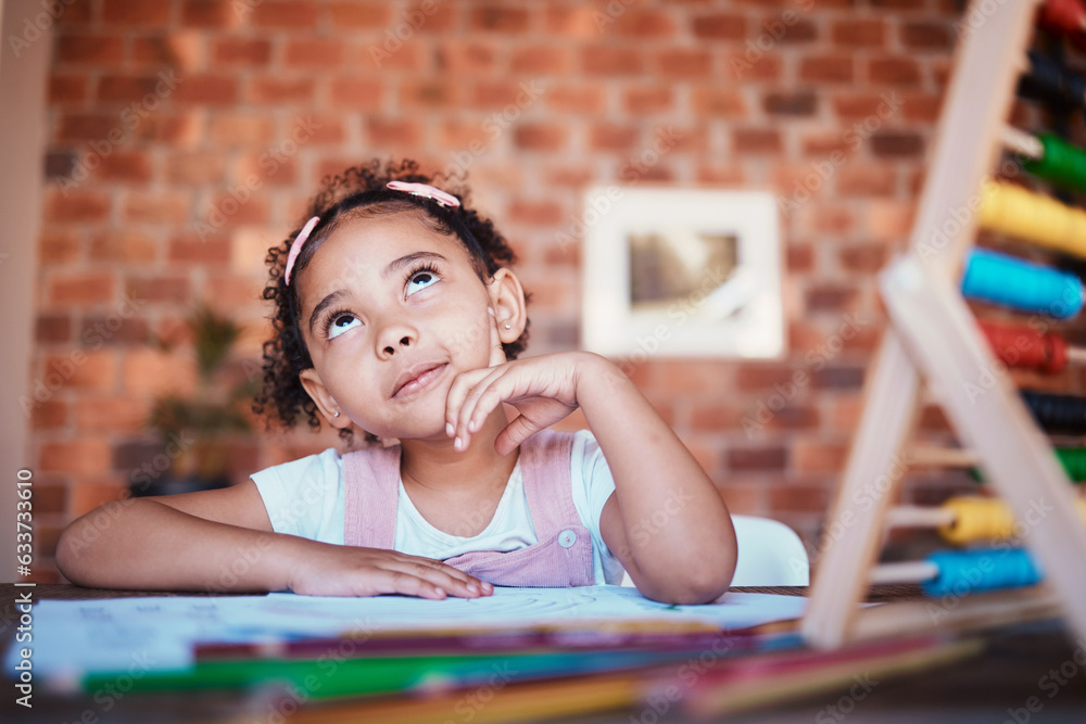Aufkleber Homework, thinking and child at home with study, learning and ideas for project. Young girl, problem solving and knowledge development at a house with student education and notes at table for school