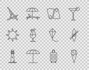 Set line Lighthouse, Ice cream in waffle cone, Rubber flippers, Sun protective umbrella for beach, Sunbed, Cocktail and alcohol drink, Suitcase and Kayak canoe paddle icon. Vector
