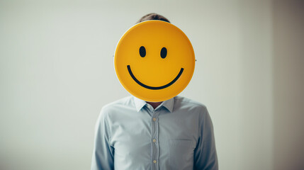 a man in a shirt on a white background instead of a face a yellow cheerful emoticon, generated by AI
